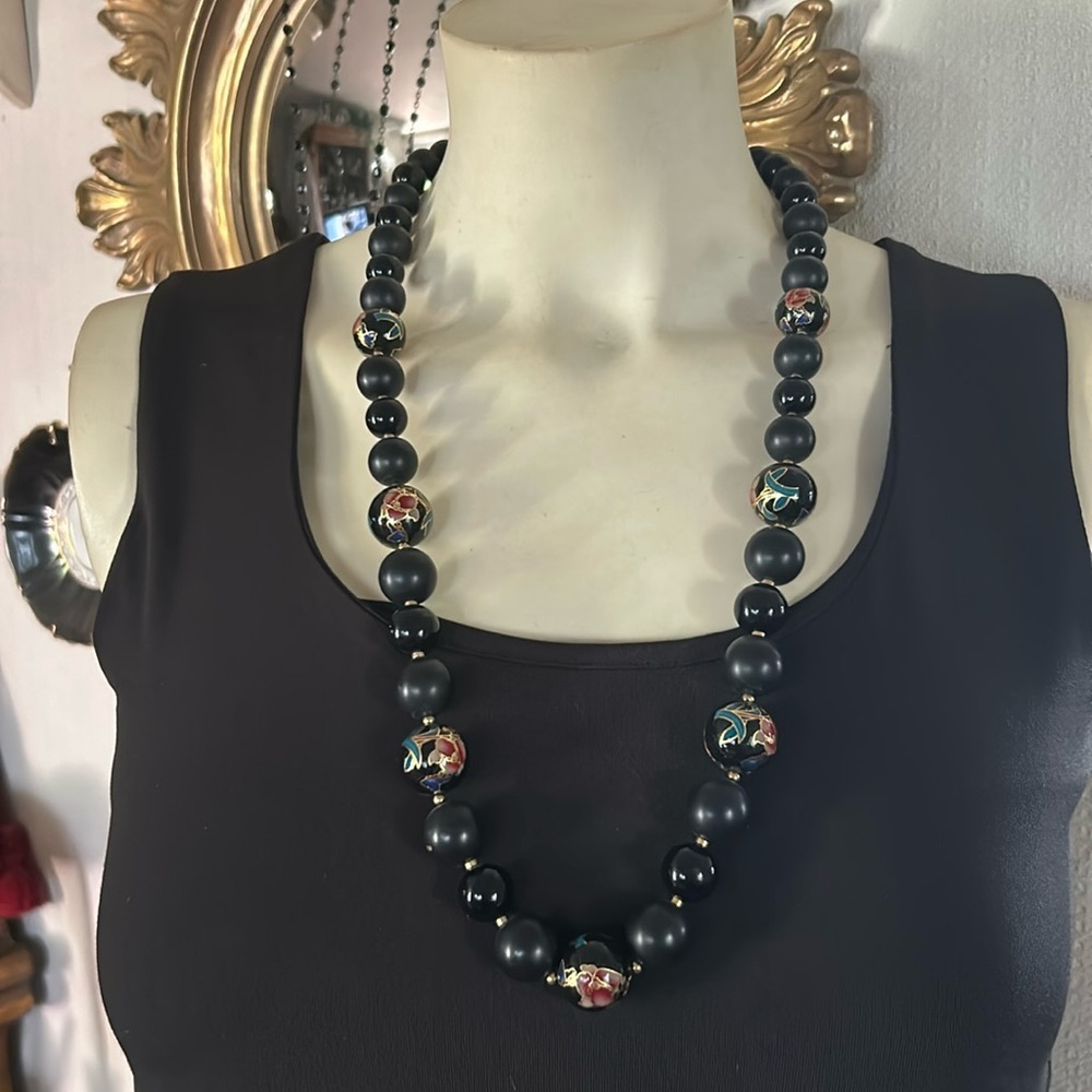 Vintage Black Cloisonné Bead Necklace